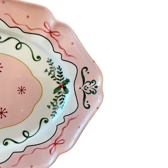 Pink Christmas Tree Serving Platter 14x10 Ceramic Holiday Bows Holly NEW - Picture 6 of 12
